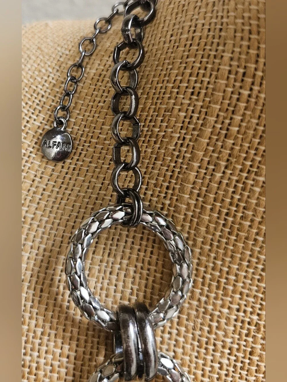 Alfani Necklace Silver Black Gunmetal Woven Loop Circle Links Modern Chain